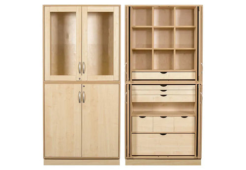 Two Sjöbergs wooden storage cabinets, one with glass doors and one with shelves and drawers